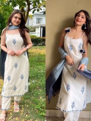 Đěsigner Traditional & Fashtivel & Office Wear Look Pur Kora Khadi Cotton Spaghetti Top & Pant With Dupatta set